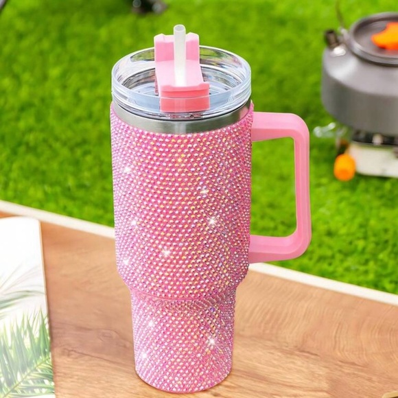 Pink Rhinestone Tumbler Stainless Steel Style 40oz with Handle New - Picture 15 of 15